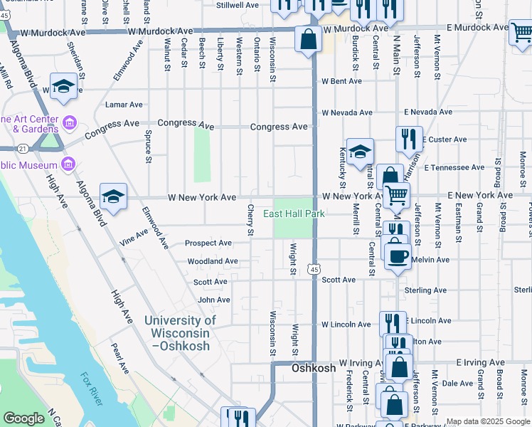 map of restaurants, bars, coffee shops, grocery stores, and more near 1130 Wisconsin Street in Oshkosh