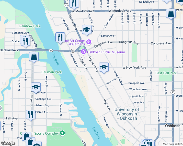 map of restaurants, bars, coffee shops, grocery stores, and more near 1166 High Avenue in Oshkosh