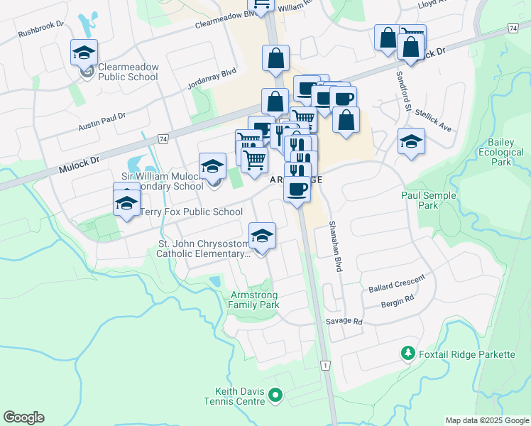 map of restaurants, bars, coffee shops, grocery stores, and more near 228 Coleridge Drive in Newmarket