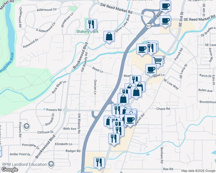 map of restaurants, bars, coffee shops, grocery stores, and more near 20170 Merriewood Lane in Bend