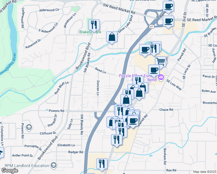 map of restaurants, bars, coffee shops, grocery stores, and more near 20166 Merriewood Lane in Bend