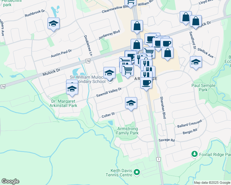map of restaurants, bars, coffee shops, grocery stores, and more near 66 Sawmill Valley Drive in Newmarket
