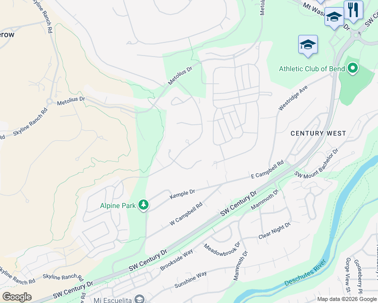 map of restaurants, bars, coffee shops, grocery stores, and more near 19470 Bainbridge Court in Bend