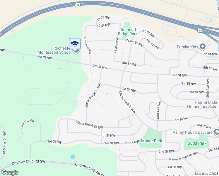 map of restaurants, bars, coffee shops, grocery stores, and more near 4805 Manor Point Lane Northwest in Rochester