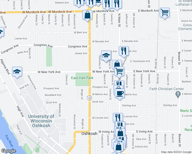 map of restaurants, bars, coffee shops, grocery stores, and more near 334 Saratoga Avenue in Oshkosh