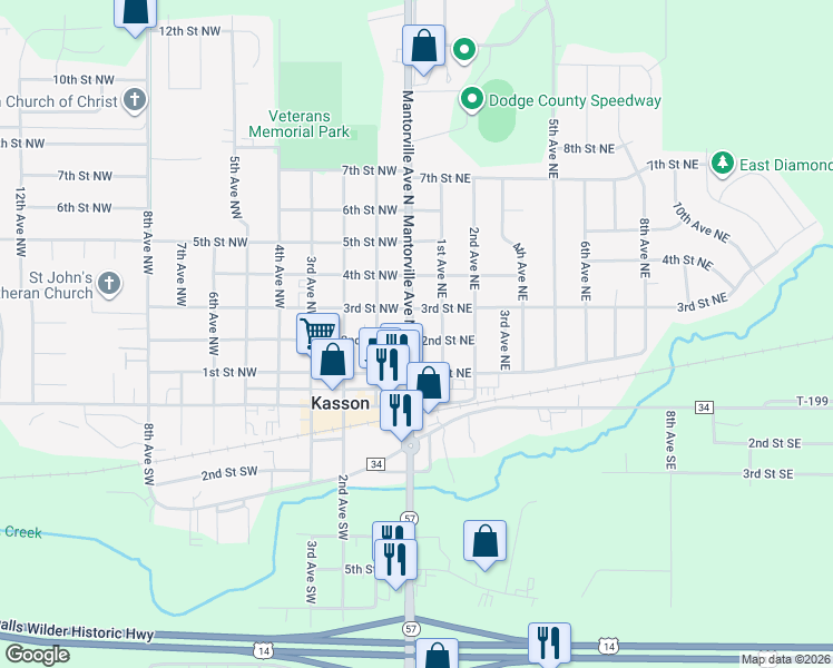 map of restaurants, bars, coffee shops, grocery stores, and more near 108 Mantorville Avenue North in Kasson