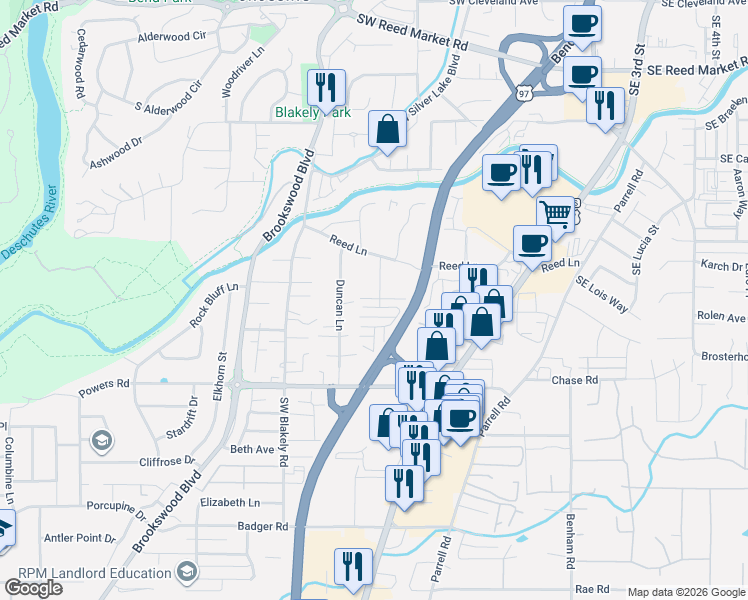 map of restaurants, bars, coffee shops, grocery stores, and more near 20167 Merriewood Lane in Bend