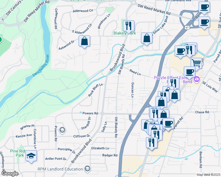 map of restaurants, bars, coffee shops, grocery stores, and more near 20062 Southwest Millbrook Lane in Bend