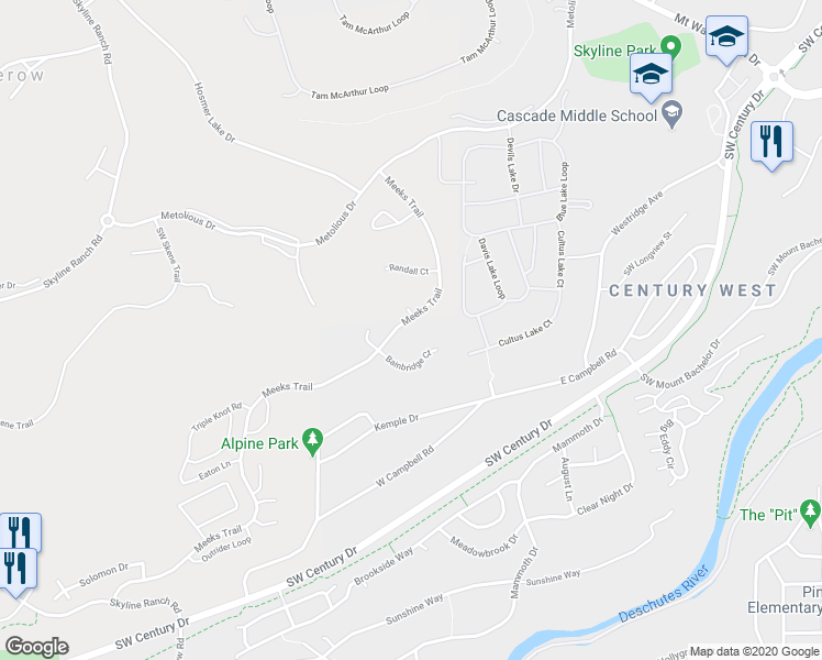 map of restaurants, bars, coffee shops, grocery stores, and more near 19470 Bainbridge Court in Bend