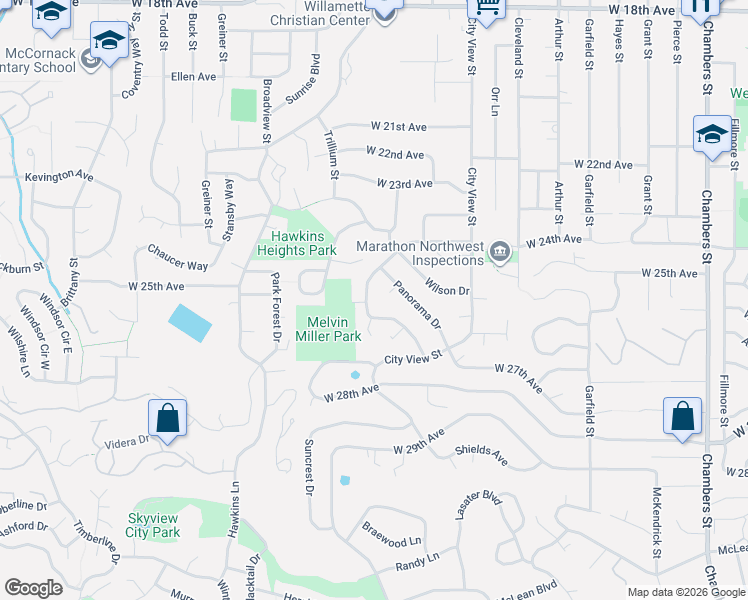 map of restaurants, bars, coffee shops, grocery stores, and more near 2599 Terrace View Drive in Eugene