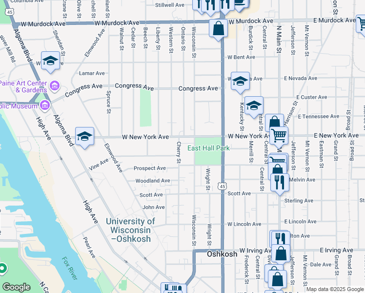 map of restaurants, bars, coffee shops, grocery stores, and more near 1139 Cherry Street in Oshkosh