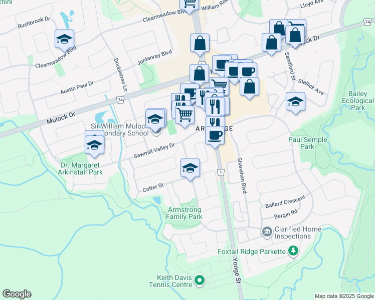 map of restaurants, bars, coffee shops, grocery stores, and more near 739 Joe Persechini Drive in Newmarket