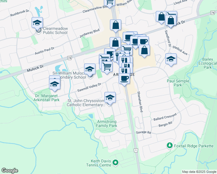 map of restaurants, bars, coffee shops, grocery stores, and more near 739 Joe Persechini Drive in Newmarket