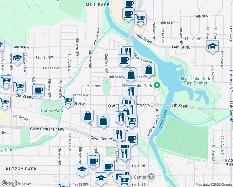 map of restaurants, bars, coffee shops, grocery stores, and more near in Rochester