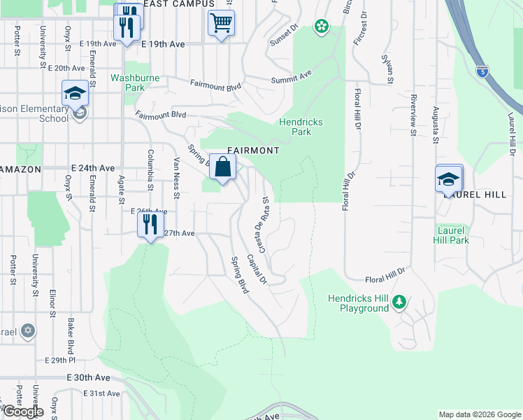 map of restaurants, bars, coffee shops, grocery stores, and more near 2660 Cresta De Ruta Street in Eugene