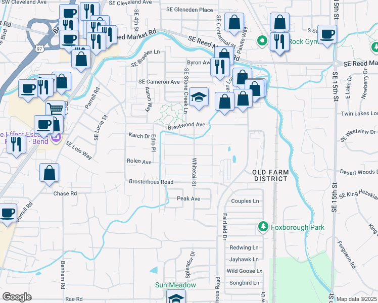map of restaurants, bars, coffee shops, grocery stores, and more near 61400 Brosterhous Road in Bend