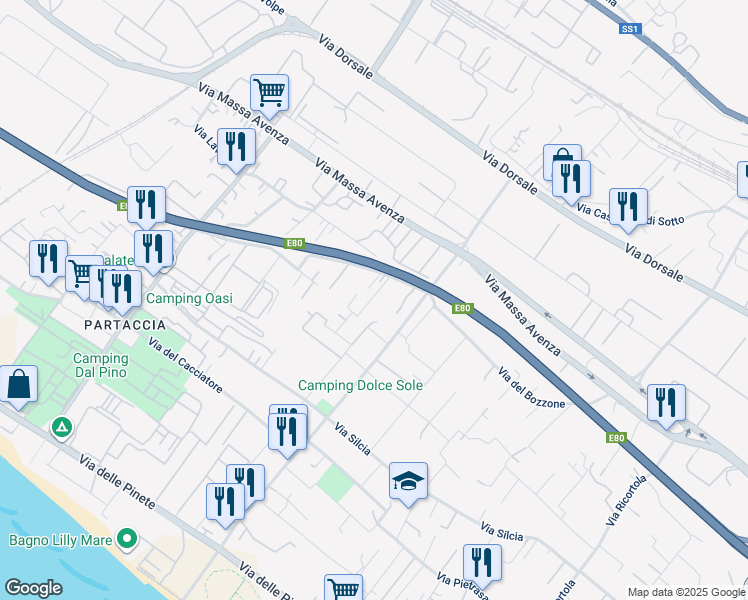 map of restaurants, bars, coffee shops, grocery stores, and more near 69 Via dei Campeggi in Marina di Massa