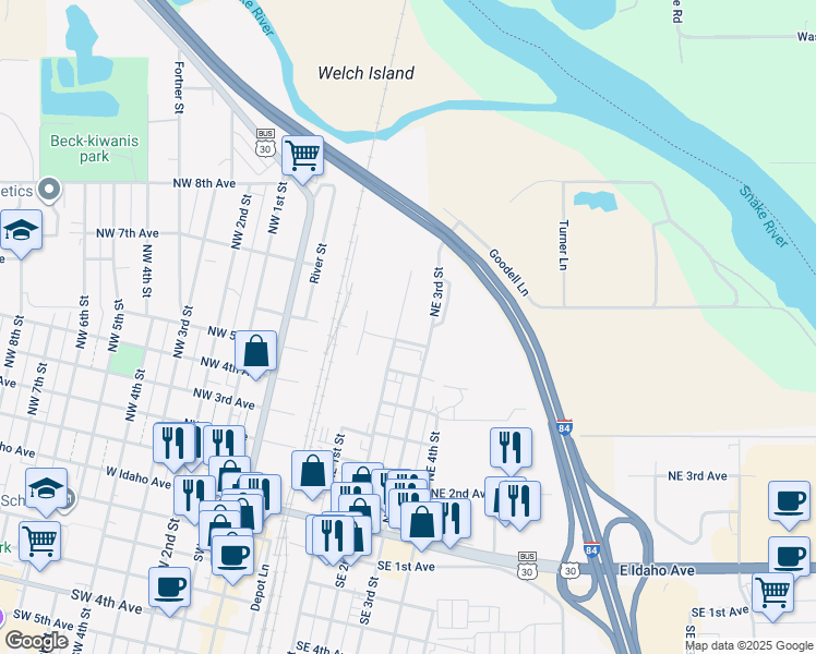 map of restaurants, bars, coffee shops, grocery stores, and more near 175 Northeast 6th Avenue in Ontario