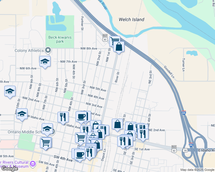 map of restaurants, bars, coffee shops, grocery stores, and more near 484 Northwest 1st Street in Ontario