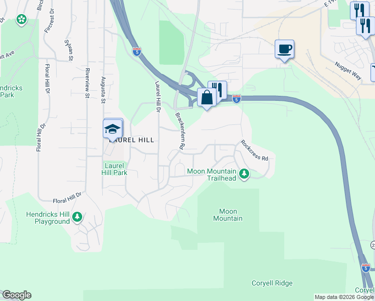 map of restaurants, bars, coffee shops, grocery stores, and more near 2551 Fieldcress Road in Eugene