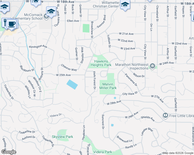 map of restaurants, bars, coffee shops, grocery stores, and more near 2542 Park Forest Drive in Eugene