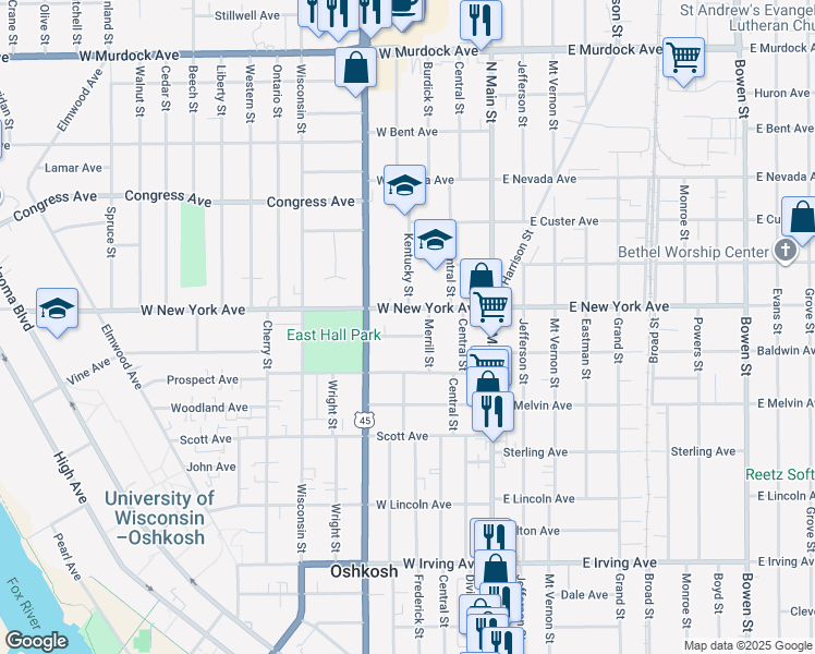 map of restaurants, bars, coffee shops, grocery stores, and more near 1121 Merrill Street in Oshkosh
