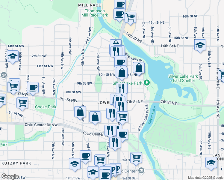 map of restaurants, bars, coffee shops, grocery stores, and more near in Rochester
