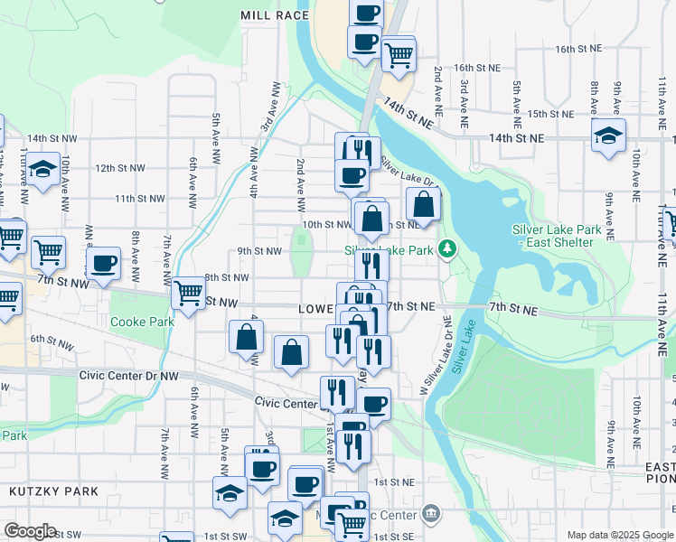 map of restaurants, bars, coffee shops, grocery stores, and more near in Rochester