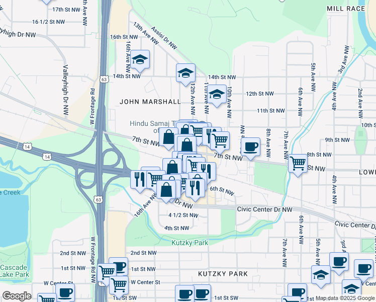 map of restaurants, bars, coffee shops, grocery stores, and more near in Rochester
