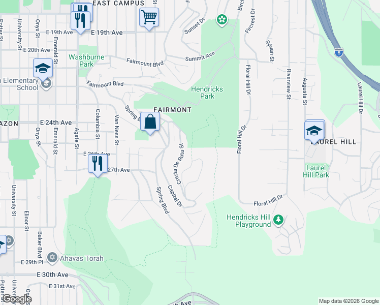 map of restaurants, bars, coffee shops, grocery stores, and more near 2985 Capital Drive in Eugene