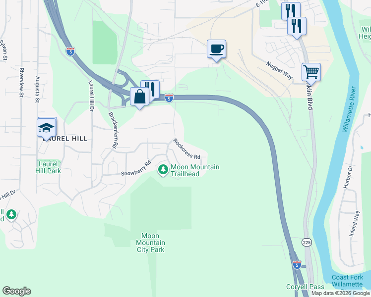 map of restaurants, bars, coffee shops, grocery stores, and more near 3740 Rockcress Road in Eugene