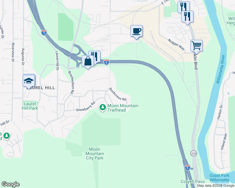 map of restaurants, bars, coffee shops, grocery stores, and more near 3740 Rockcress Road in Eugene