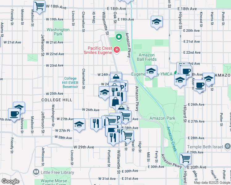 map of restaurants, bars, coffee shops, grocery stores, and more near 2525 Portland Street in Eugene