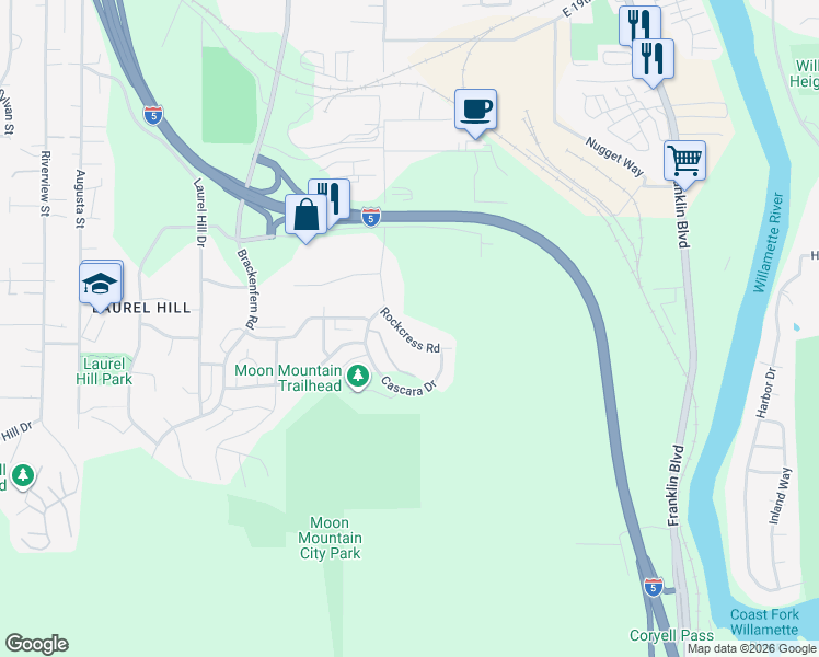 map of restaurants, bars, coffee shops, grocery stores, and more near 2641 Cascara Drive in Eugene