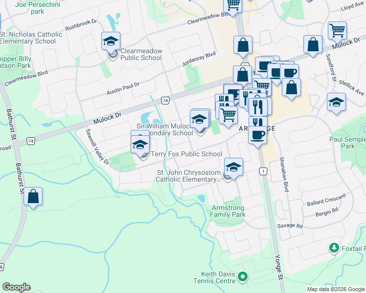 map of restaurants, bars, coffee shops, grocery stores, and more near 179 Warwick Crescent in Newmarket