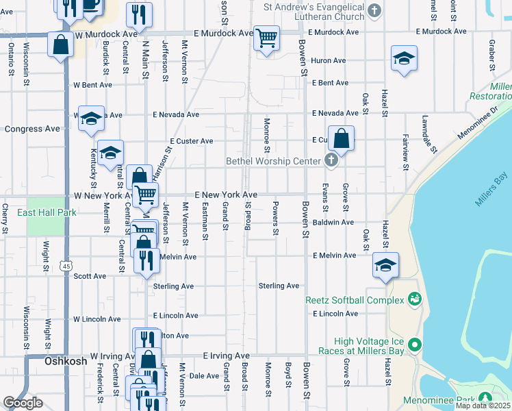 map of restaurants, bars, coffee shops, grocery stores, and more near 610 Baldwin Avenue in Oshkosh