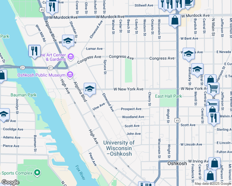 map of restaurants, bars, coffee shops, grocery stores, and more near 848 Vine Avenue in Oshkosh