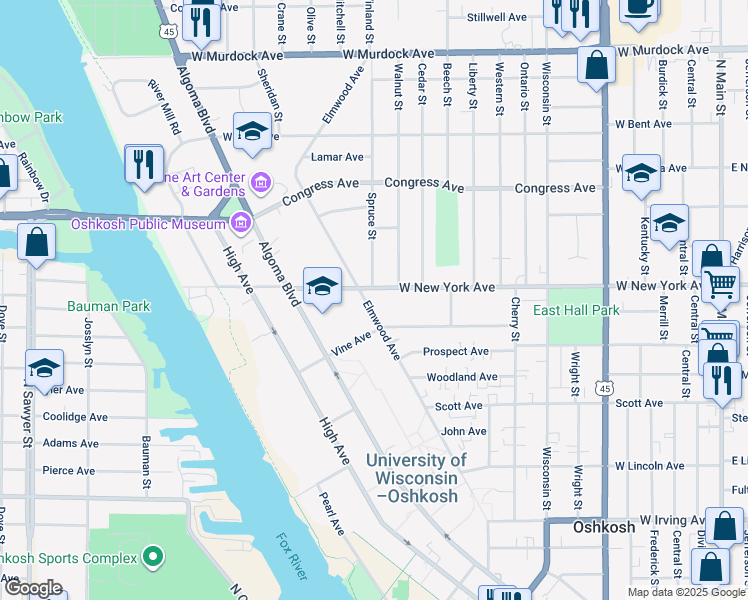 map of restaurants, bars, coffee shops, grocery stores, and more near 1105 Elmwood Avenue in Oshkosh