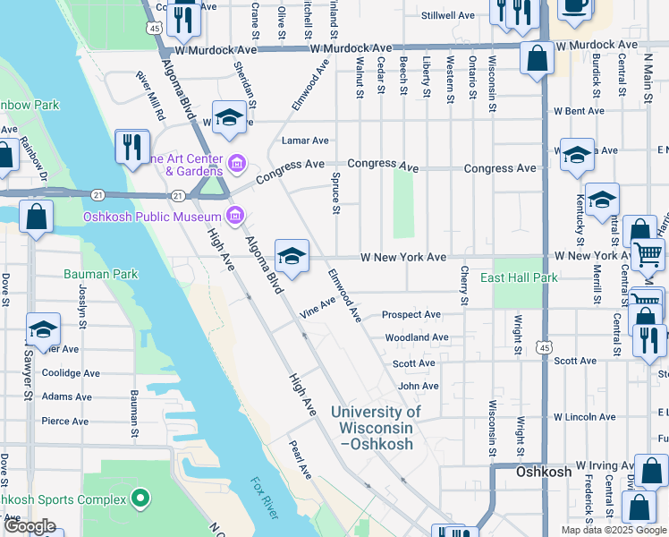 map of restaurants, bars, coffee shops, grocery stores, and more near 1105 Elmwood Avenue in Oshkosh
