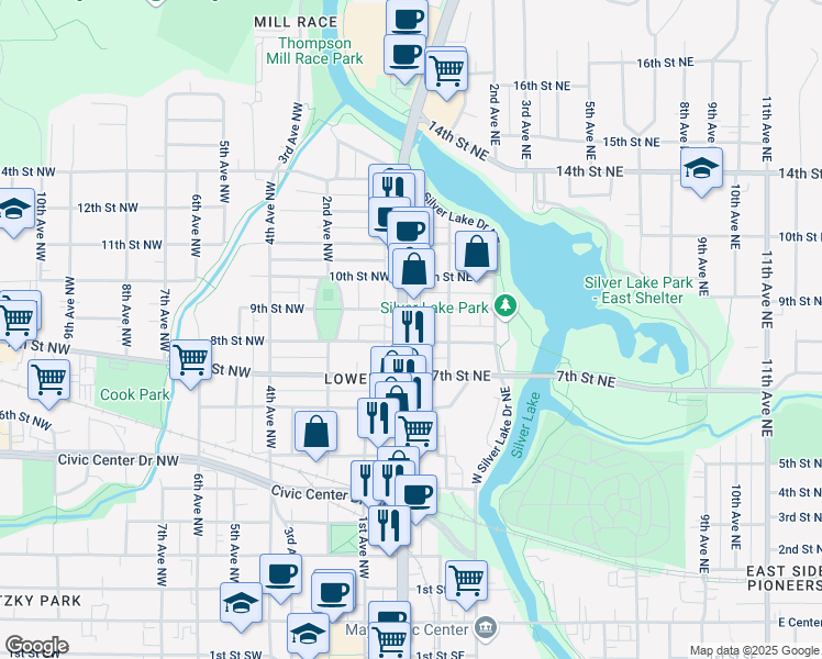 map of restaurants, bars, coffee shops, grocery stores, and more near in Rochester