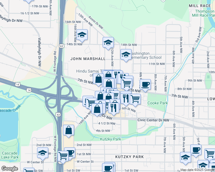 map of restaurants, bars, coffee shops, grocery stores, and more near in Rochester