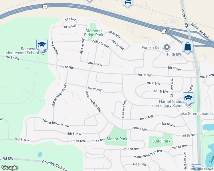 map of restaurants, bars, coffee shops, grocery stores, and more near 4428 5th Street Northwest in Rochester