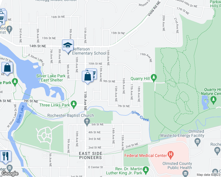 map of restaurants, bars, coffee shops, grocery stores, and more near 724 14th Avenue Northeast in Rochester