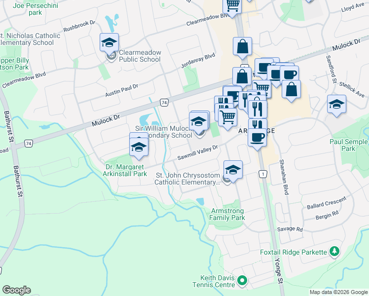 map of restaurants, bars, coffee shops, grocery stores, and more near 189 Warwick Crescent in Newmarket