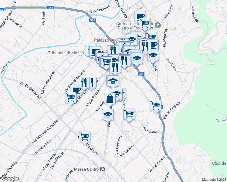 map of restaurants, bars, coffee shops, grocery stores, and more near 7 Via Alessandro Bergamini in Massa