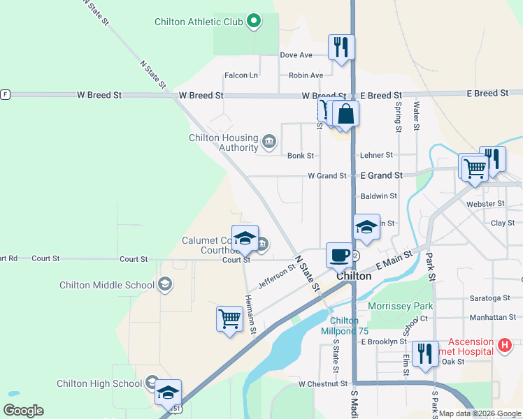 map of restaurants, bars, coffee shops, grocery stores, and more near 348 North State Street in Chilton
