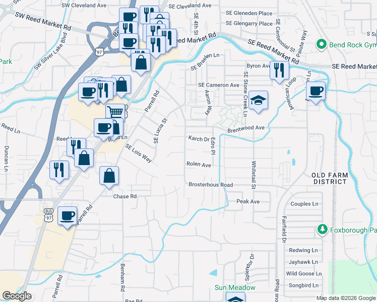 map of restaurants, bars, coffee shops, grocery stores, and more near 20433 Trap Court in Bend