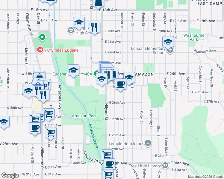 map of restaurants, bars, coffee shops, grocery stores, and more near 2476 Alder Street in Eugene