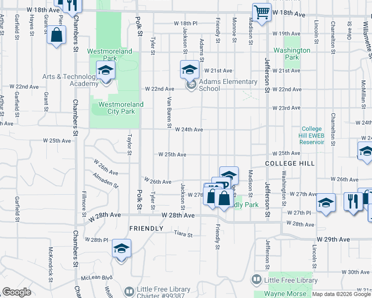 map of restaurants, bars, coffee shops, grocery stores, and more near 2445 Jackson Street in Eugene