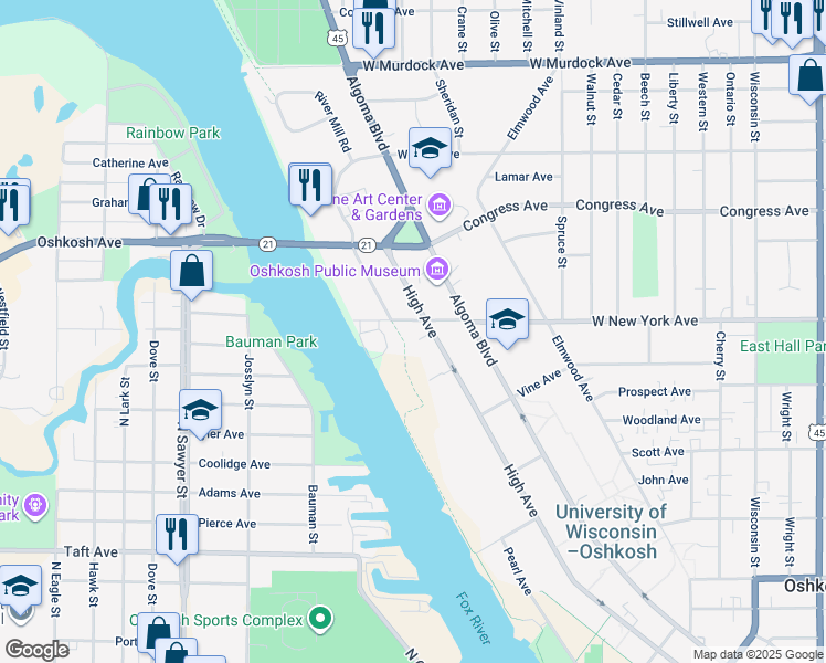 map of restaurants, bars, coffee shops, grocery stores, and more near 1217 High Avenue in Oshkosh